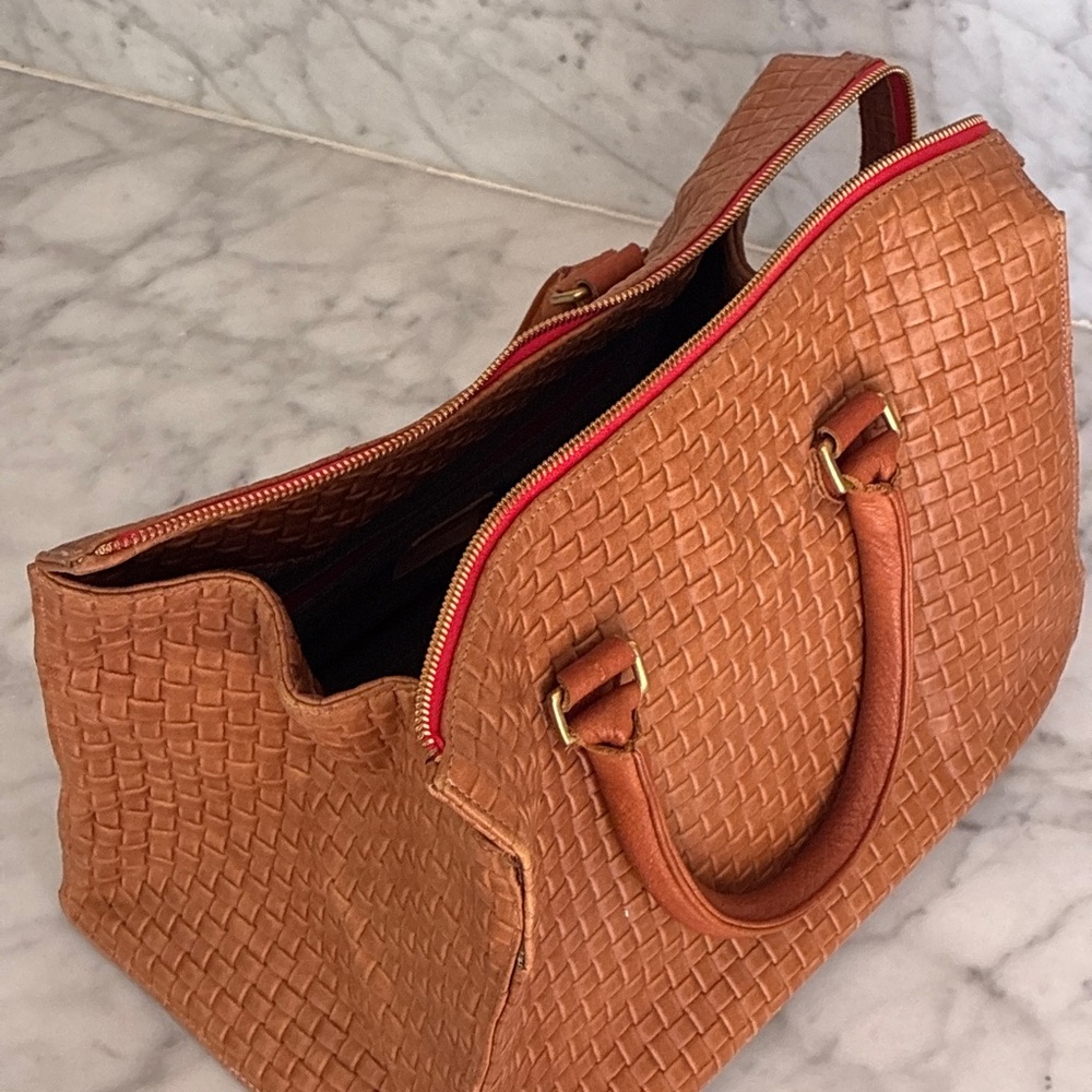 Authentic Clare V. Woven Leather Satchel Handbag in Cognac - Picture 12 of 14